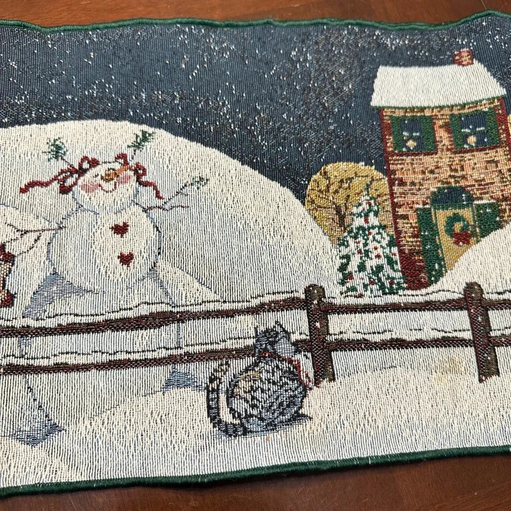 Christmas Snowman Table Runner Tapestry Winter Scene Home Decor 72
